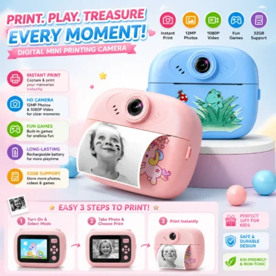 Kids Instant Print Camera – Digital Mini Camera with 1080P HD Video, Dual Selfie Lens, Thermal Ink-Free Printing, Games, Filters & Rechargeable Battery | Educational Toy Gift for Boys & Girls