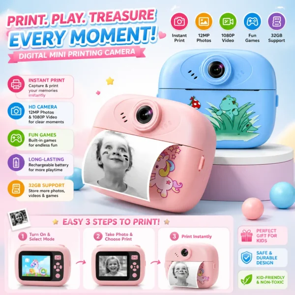 Kids Instant Print Camera – Digital Mini Camera with 1080P HD Video, Dual Selfie Lens, Thermal Ink-Free Printing, Games, Filters & Rechargeable Battery | Educational Toy Gift for Boys & Girls