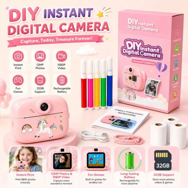Kids Instant Print Camera – Digital Mini Camera with 1080P HD Video, Dual Selfie Lens, Thermal Ink-Free Printing, Games, Filters & Rechargeable Battery | Educational Toy Gift for Boys & Girls