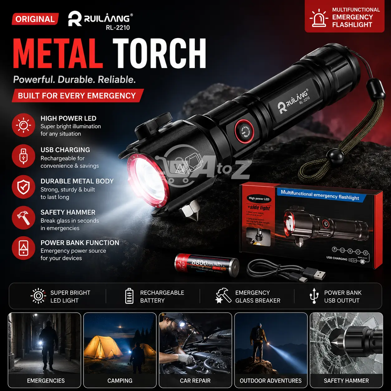 Original Ruilaang RL-2210 metal torch for camping, hiking, home