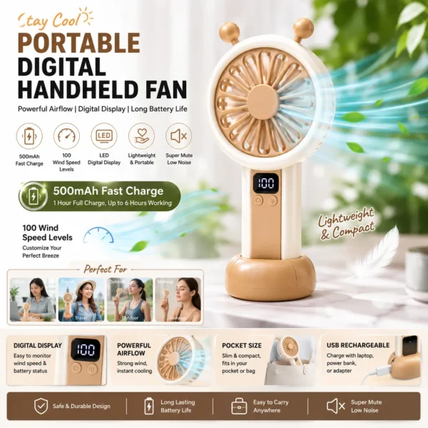 Portable Digital Handheld Fan Featuring an LED Speed Display and a 500mAh Battery Multiocolors
