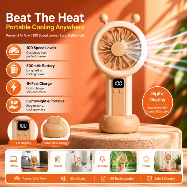 Portable Digital Handheld Fan Featuring an LED Speed Display and a 500mAh Battery Multiocolors