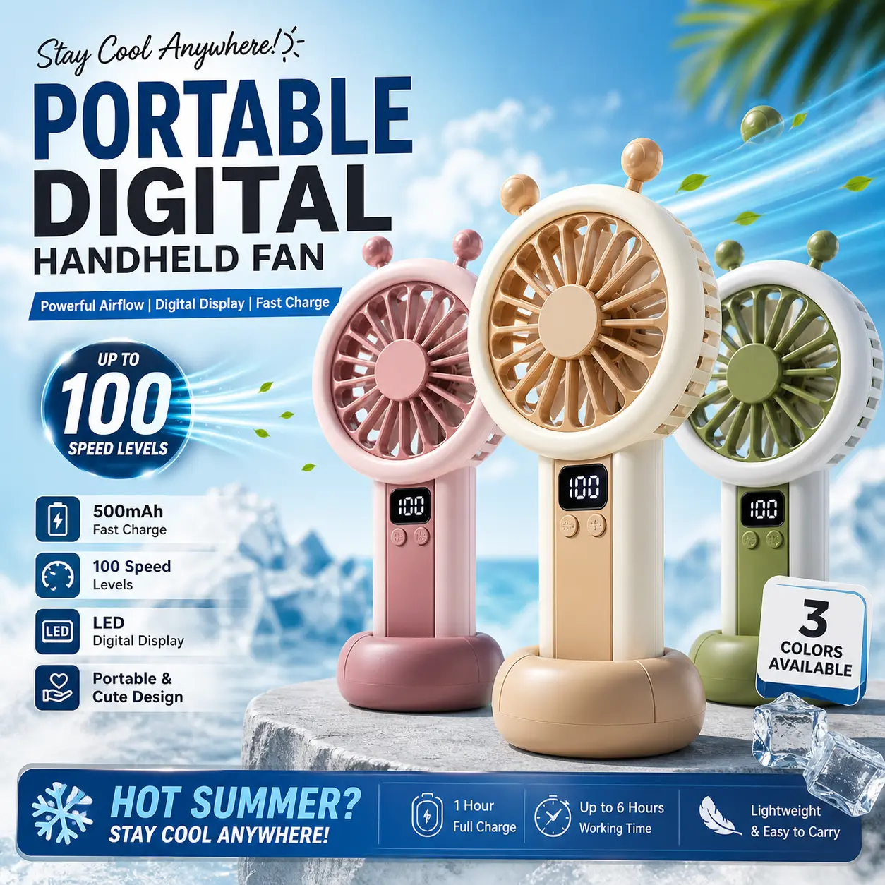 Portable Digital Handheld Fan Featuring an LED Speed Display and a 500mAh Battery Multiocolors