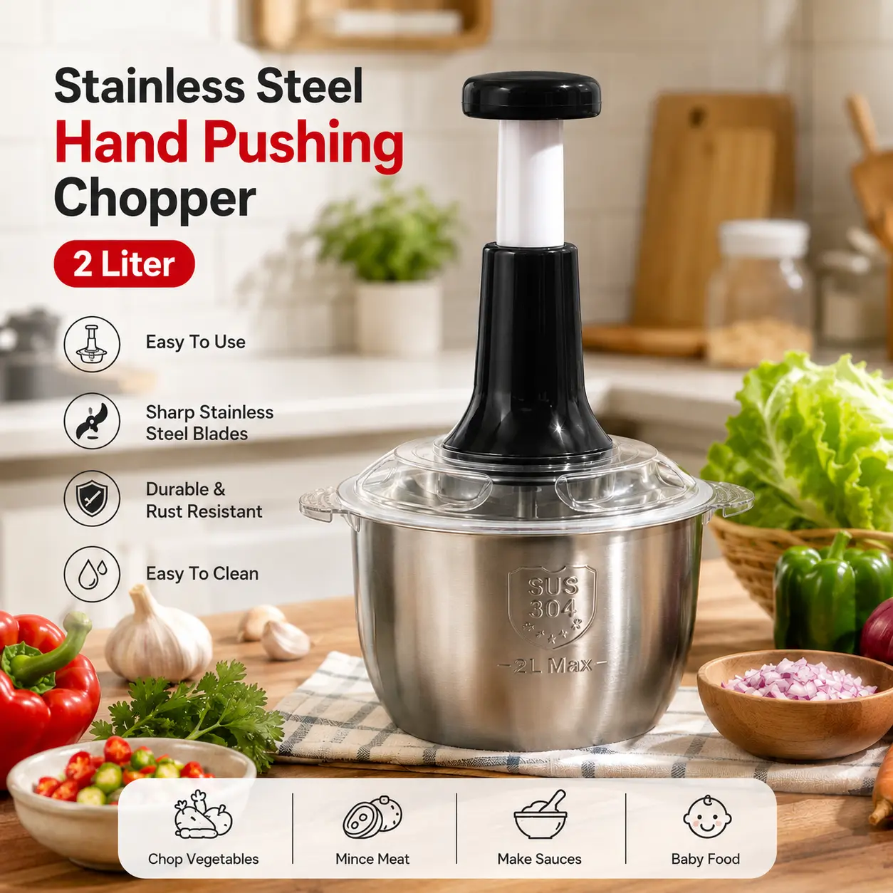 Stainless Steel Hand Pushing Chopper 2 Liter
